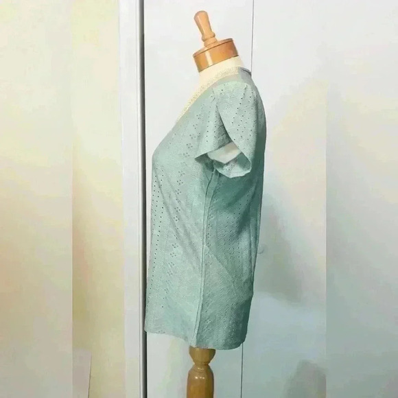 Sage green short sleeve embroidered contrast tan VNeck textured top size medium - Picture 5 of 12